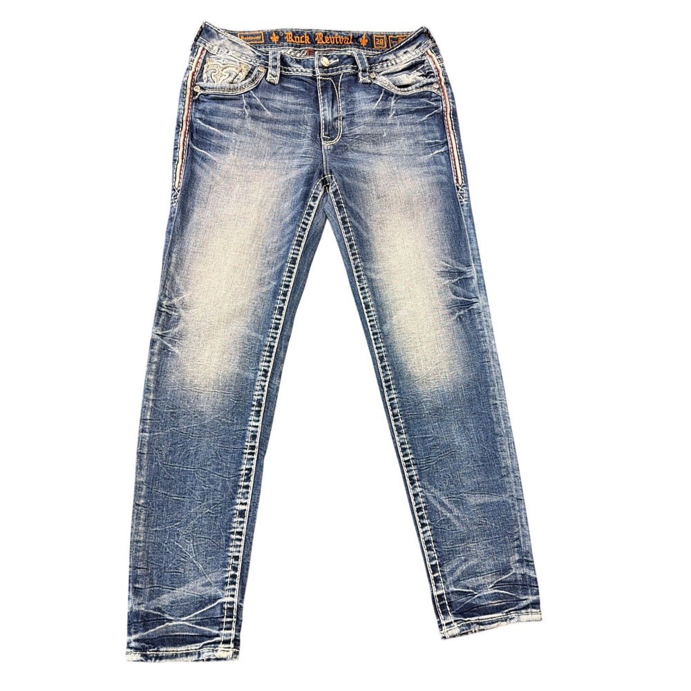Rock Revival Rosewood Mid-Rise Ankle Skinny Jeans Blue Distress 29 Embellished